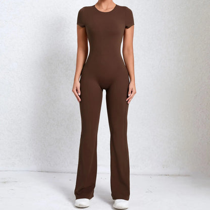 Women's Tracksuit Yoga Set Backless Jumpsuits Back V One Piece Fitness Rompers Short Sleeves Sportswear Gym Set Workout Clothes