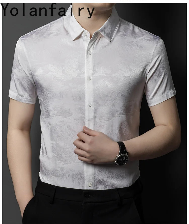 YOLANFAIRY 92.4% Mulberry Silk Mens Shirts Summer Shirt for Men Camisas Hombre Mens Button Up Shirt Mens Fashion Shirt Tops