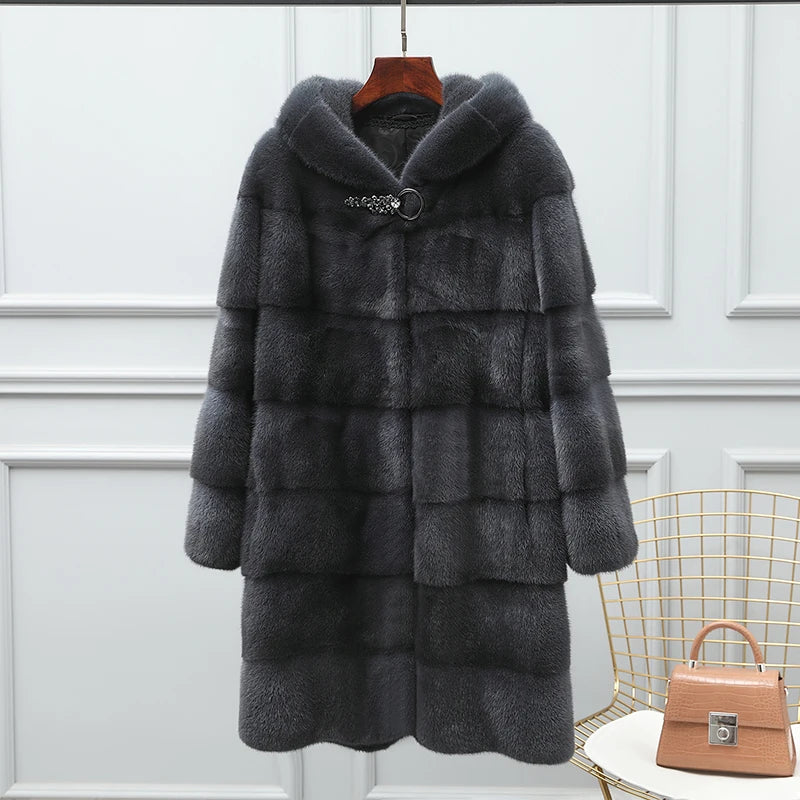 YOLANFAIRY Real Fur Coat Women Winter High Quality Mink Fur Jackets for Women Mid-length Natural Fur Coats Black Mink Jacket