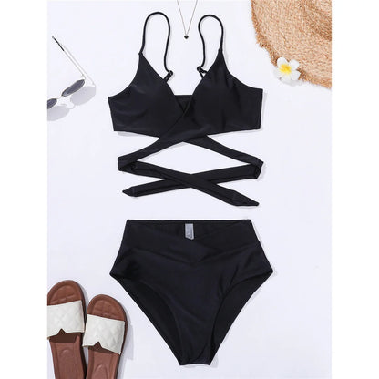S - XL New 7 Colors V Neck High Waist Bikini Female Swimsuit Women Swimwear Two-pieces Bikini set Bather Bathing Suit Swim V5006