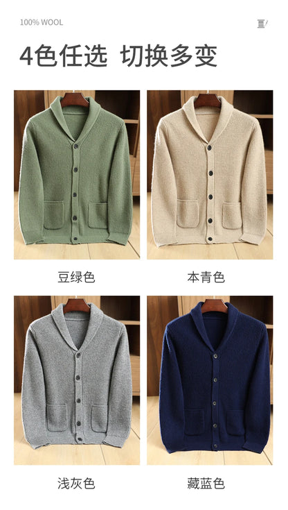 Men High Quality Polo Collar Cardigan Autumn Winter Thick Buttons 100% Merino Wool Sweater Smart Casual Coat Cashmere Knitwear
