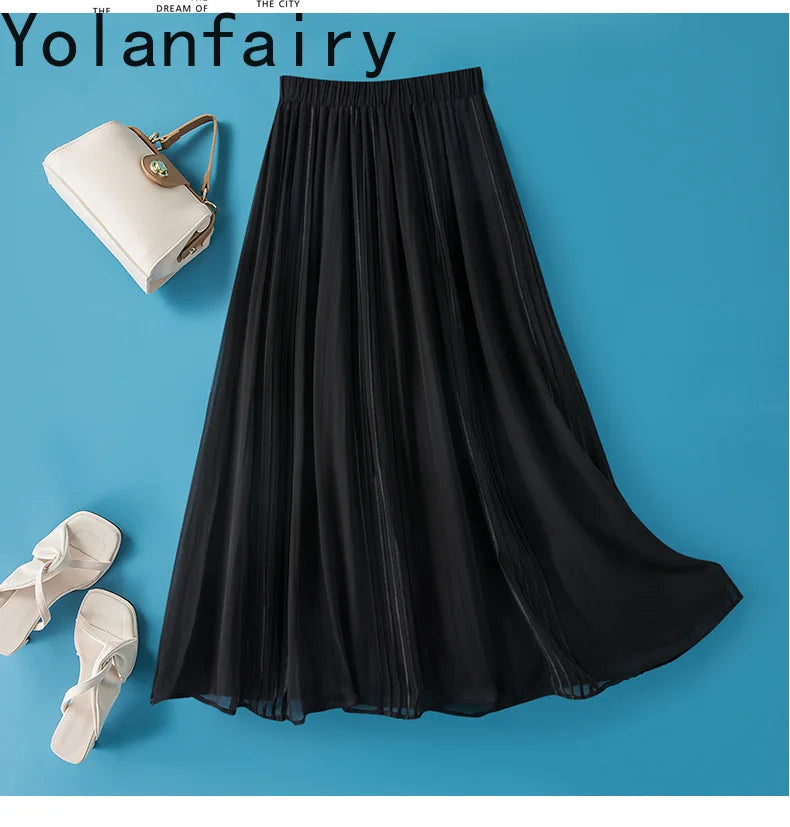 YOLANFAIRY 8mm 100% Real Mulberry Silk Skirts for Women 2026 Summer Solid Elastic Waist Skirt Woman Elegant Black Skirt Fashion