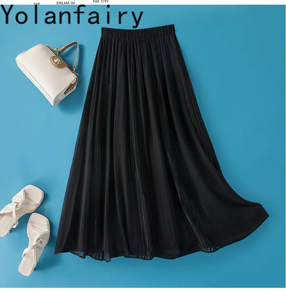 YOLANFAIRY 8mm 100% Real Mulberry Silk Skirts for Women 2026 Summer Solid Elastic Waist Skirt Woman Elegant Black Skirt Fashion