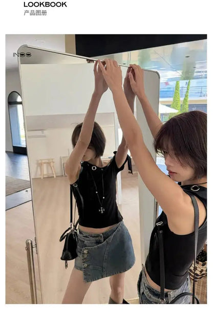 DEAT Fashion High Waist Button Detailed Washed Denim Mini Skirt Women's Wrap Design Streetwear Summer Bottoms New 7A4204