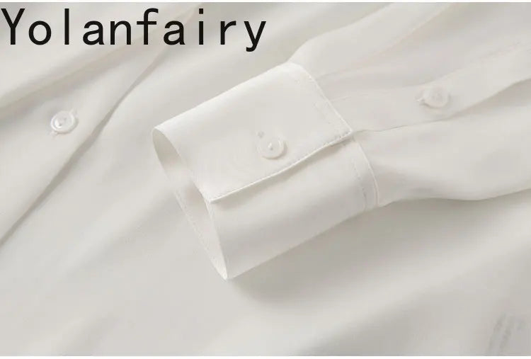 YOLANFAIRY 93% Real Mulberry Silk Shirts for Women Spring 2026 Elegant Solid Long Sleeve Shirt Woman Top Ribbon OL Blouses Trend