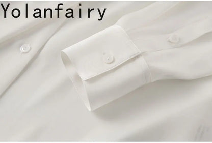 YOLANFAIRY 93% Real Mulberry Silk Shirts for Women Spring 2026 Elegant Solid Long Sleeve Shirt Woman Top Ribbon OL Blouses Trend
