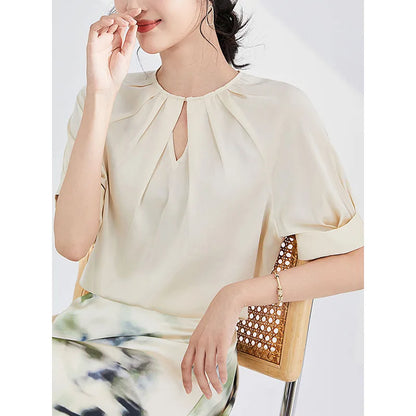 YOLANFAIRY 100% Real Mulberry Silk T Shirts for Women Summer 2026 Short Sleeve Tops O-neck Elegant Blouse Woman Tee Shirt Femme