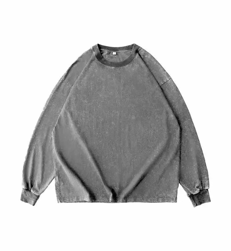 Custom Logo DIY Brand 100% Cotton Retro Washed  Cotton Long Sleeve T-Shirts For Men Unisex Oversized Loose Crew Neck Streetwears