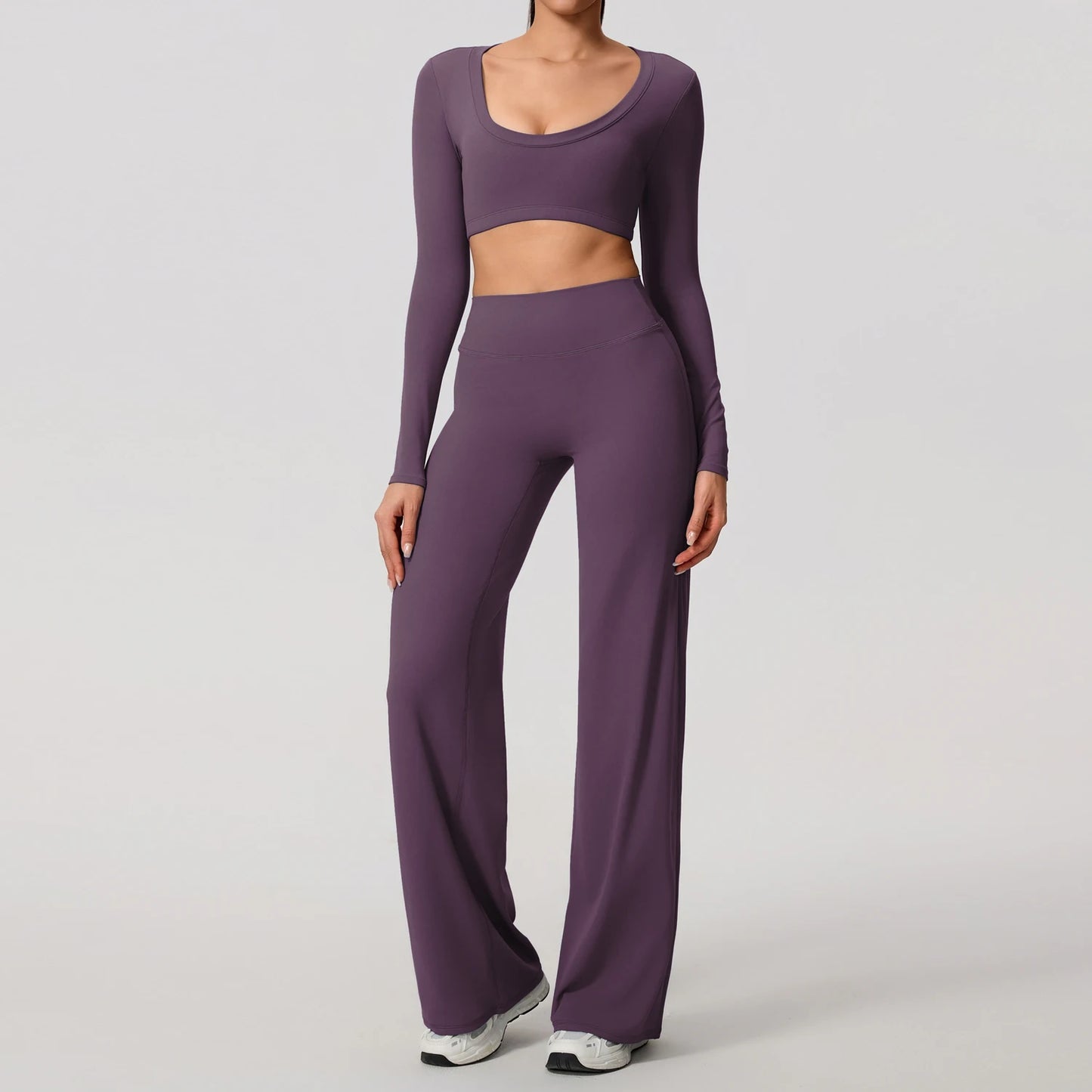 Hearuisavy Sports Set 2Pcs Women's  Long Sleeve Backless Fitted Fitness Top Push Up Pilates Yoga Top Wide Leg Straight Leg Pants