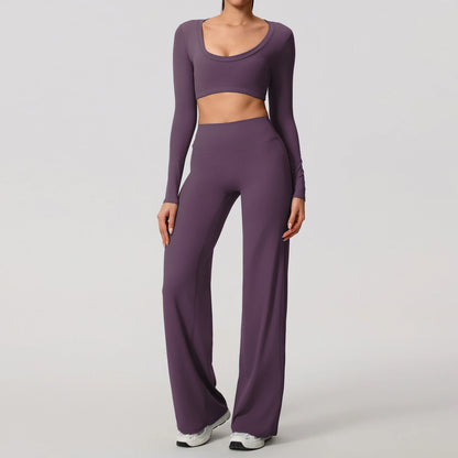 Hearuisavy Sports Set 2Pcs Women's  Long Sleeve Backless Fitted Fitness Top Push Up Pilates Yoga Top Wide Leg Straight Leg Pants