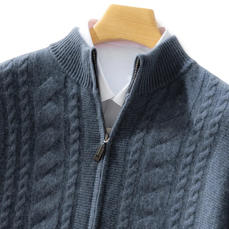 High Quality Men Mock Collar Twisted Cardigan Autumn Winter Thick Zipper 100% Merino Wool Sweater Casual Coat Cashmere Knitwear