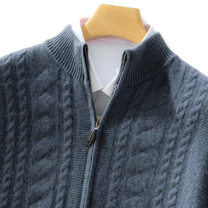 High Quality Men Mock Collar Twisted Cardigan Autumn Winter Thick Zipper 100% Merino Wool Sweater Casual Coat Cashmere Knitwear