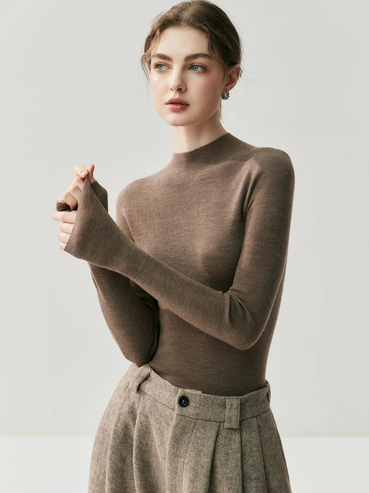 CHICUU Women 100% Wool Sweater Machine Washable Mock Neck Pullover 18-Thread Worsted Cashmere Knitwear   Autumn Winter Clothes