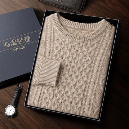 Men's 100% Cashmere Sweater Round Neck Autumn Winter Warm Clothing Jacquard Checkered Pullover Sweater Knitted Bottom Shirt Tops