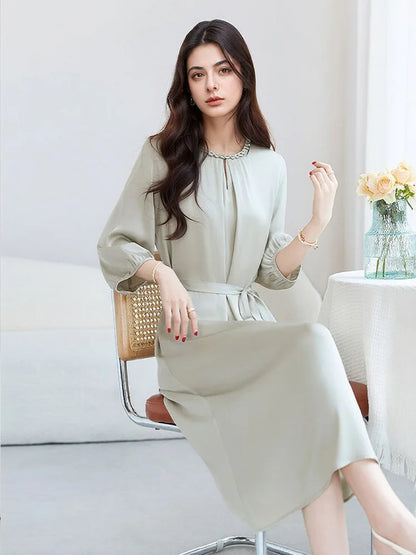 SuyaDream, Women Elegant Dresses, Real Silk, O Neck, 3/4 Sleeved, Black Mid Dress, 2026 Spring Summer Cloth