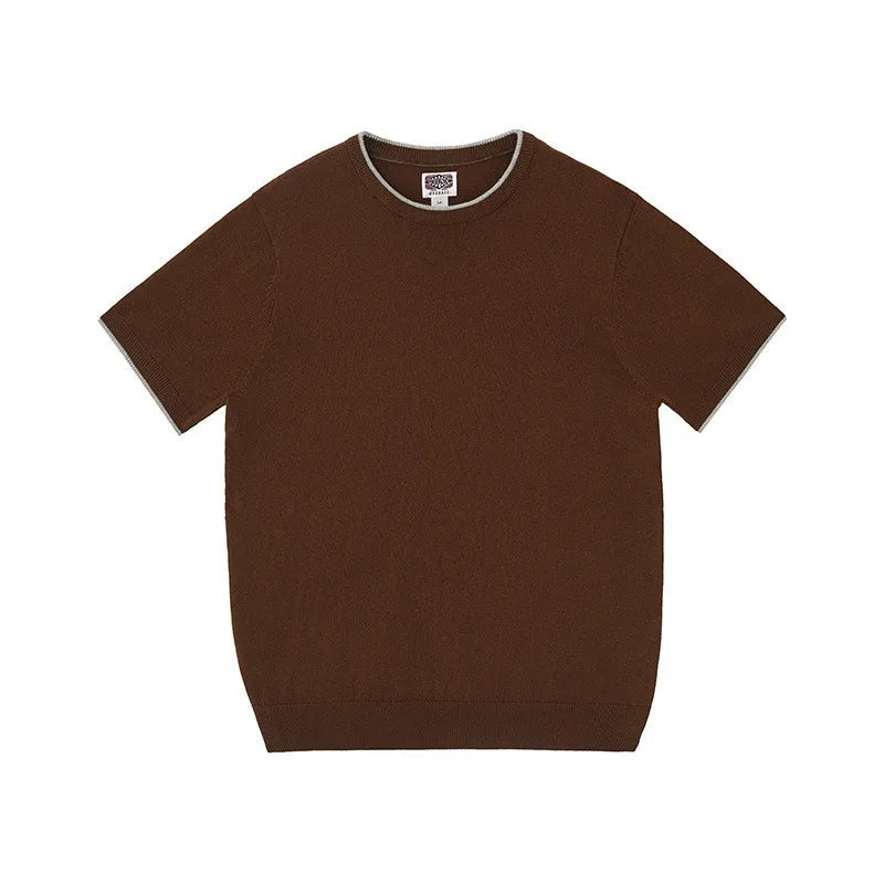 Light Luxury Cashmere Blend Anti Pilling Knitted Short Sleeved Round Neck T-shirt for Men, Retro Casual Business Summer Shirt