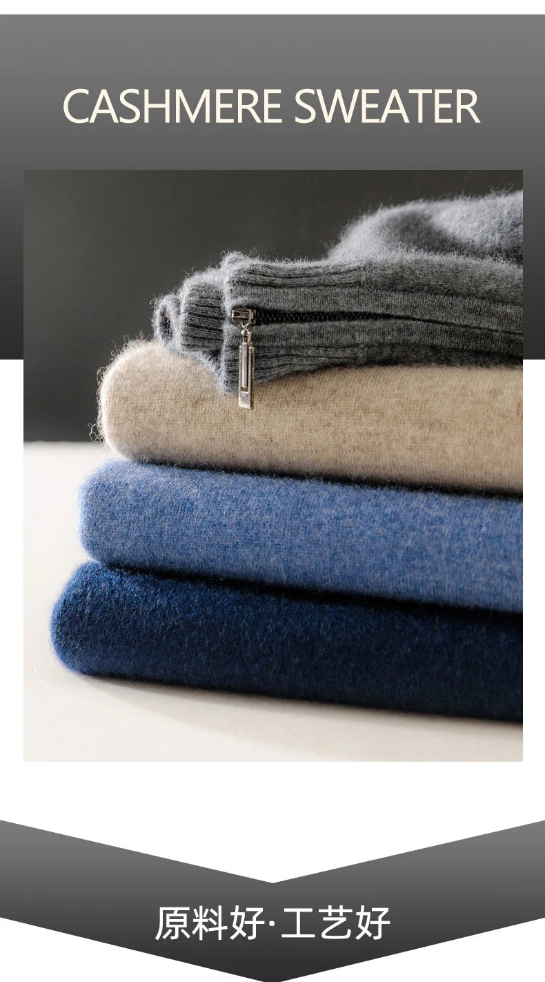 High-end 100% Cashmere Pullover for Men Mock Collar Thick Sweater Autumn Winter Knitted Jumper Warm Clothing Smart Casual Top