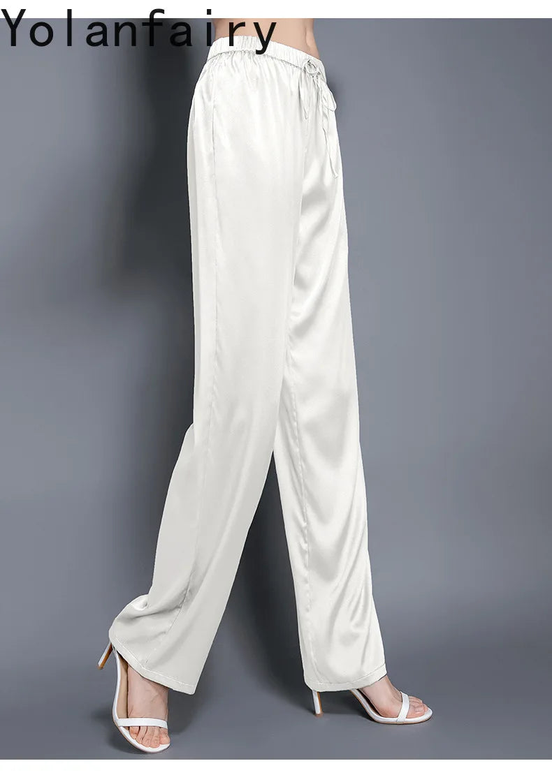 YOLANFAIRY Casual Wide Leg Pants Summer 95% Real Mulberry Silk Women's Pants Korean Loose Trousers Woman Silk Pants Full Length