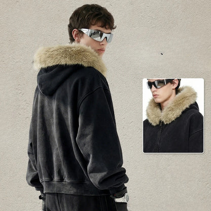Custom LOGO Men's 400G Autumn Winter Retro Washed Boxy Fleece Collar Plush Thickened  Hooded  Zipper Jacket Couple style set