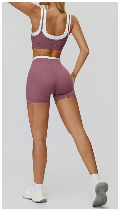 TRY TO BN Yoga Shorts Sets Women's Tracksuit Two Fake Pieces Sports Ribbed Contrasting Color Workout Running Fitness Gym Clothes
