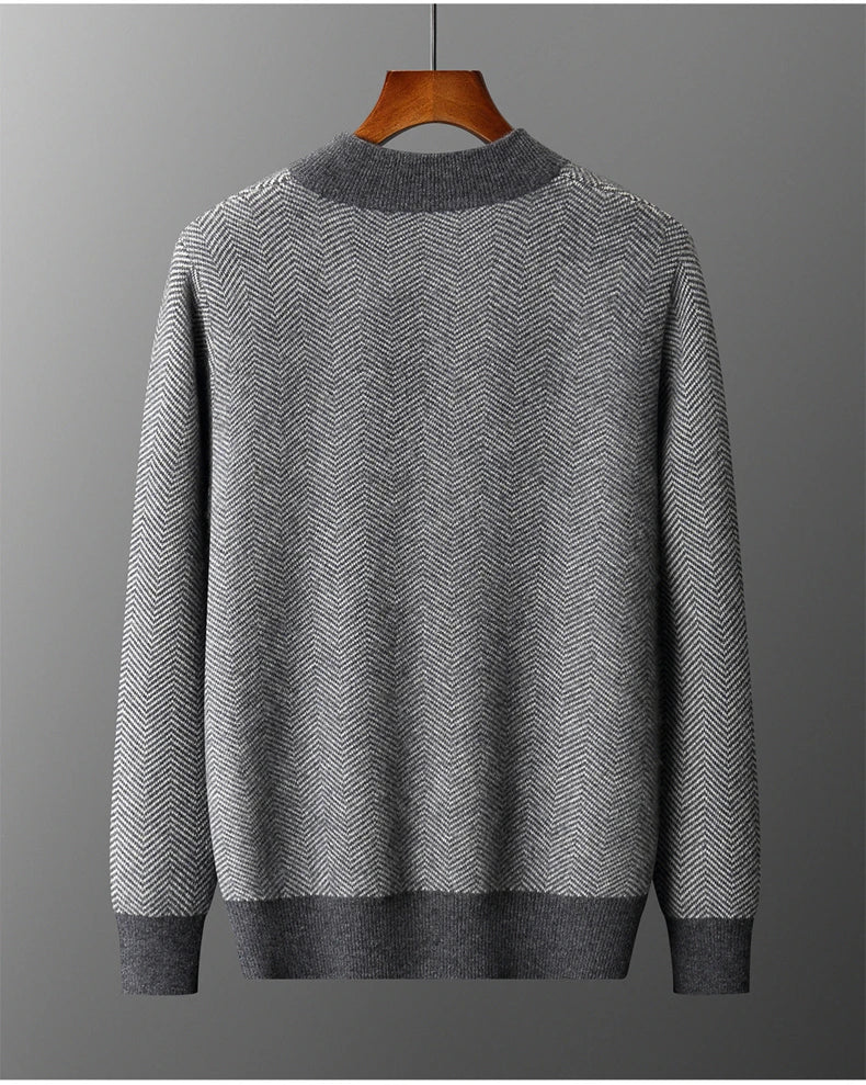 Autumn Winter 100% Merino Wool Knitted Zipper Cardigan Men's Half High Collar Herringbone Pattern Thick Coat Casual Warm Jacket