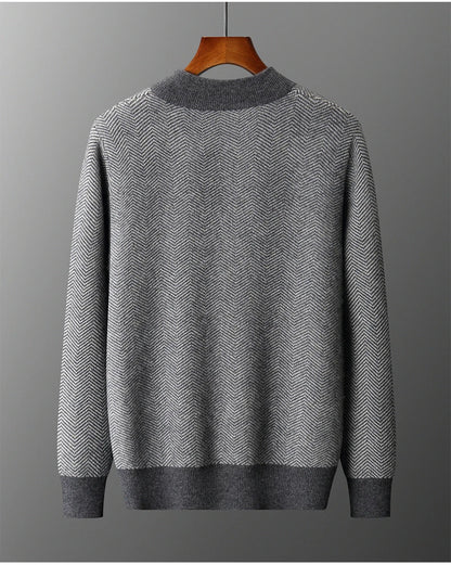 Autumn Winter 100% Merino Wool Knitted Zipper Cardigan Men's Half High Collar Herringbone Pattern Thick Coat Casual Warm Jacket