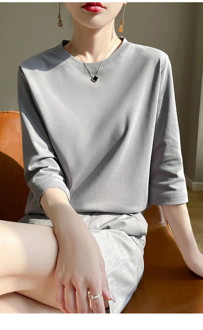 Spring And Summer New White Mercerized Cotton Short Sleeve T-Shirt Feminine Joker Cotton Cropped Sleeve Bottoming Shirt