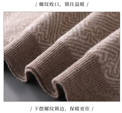 Men's 100% Merino Wool Jacquard Sweater Mock Collar Half Zip Thick Pullover Autumn Winter Cashmere Knitwear Long Sleeved Top