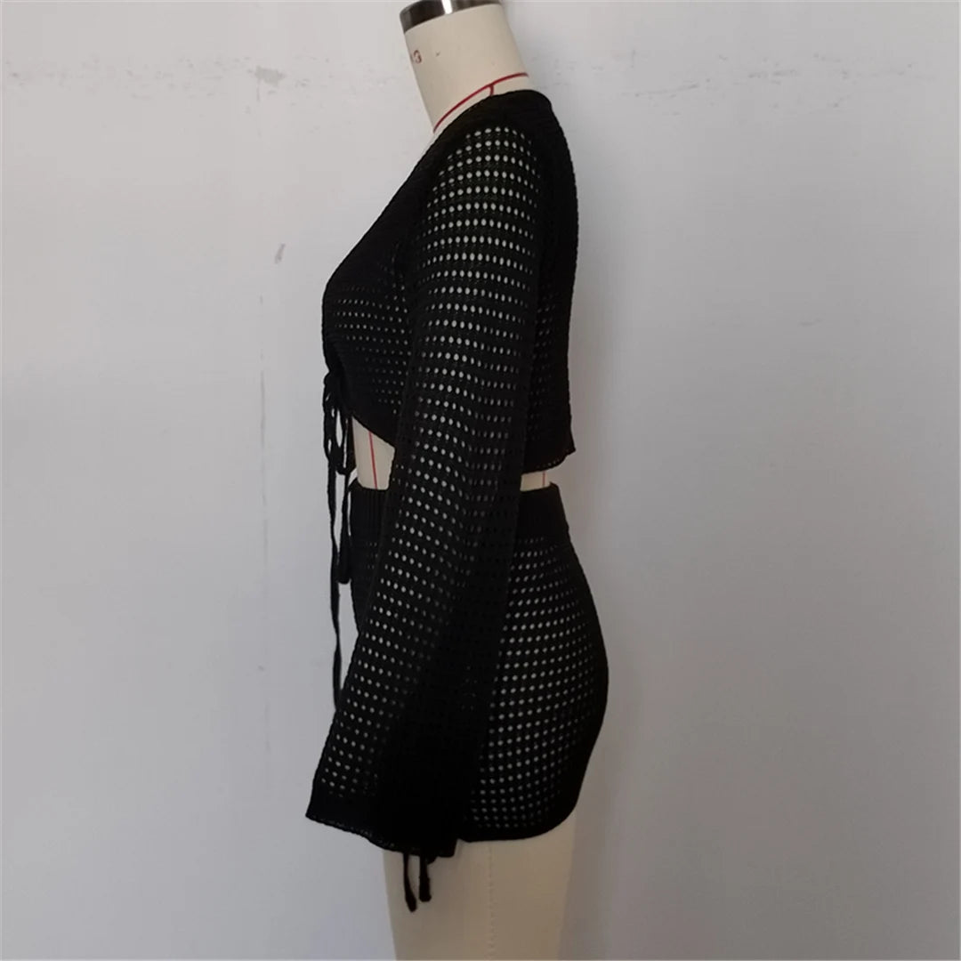 V Neck Long Sleeve Crochet Knitted 2 Pieces Suits Beach Cover Up Cover-ups Beach Dress Beach Wear Beachwear Female Women V6490