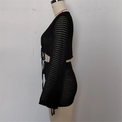 V Neck Long Sleeve Crochet Knitted 2 Pieces Suits Beach Cover Up Cover-ups Beach Dress Beach Wear Beachwear Female Women V6490