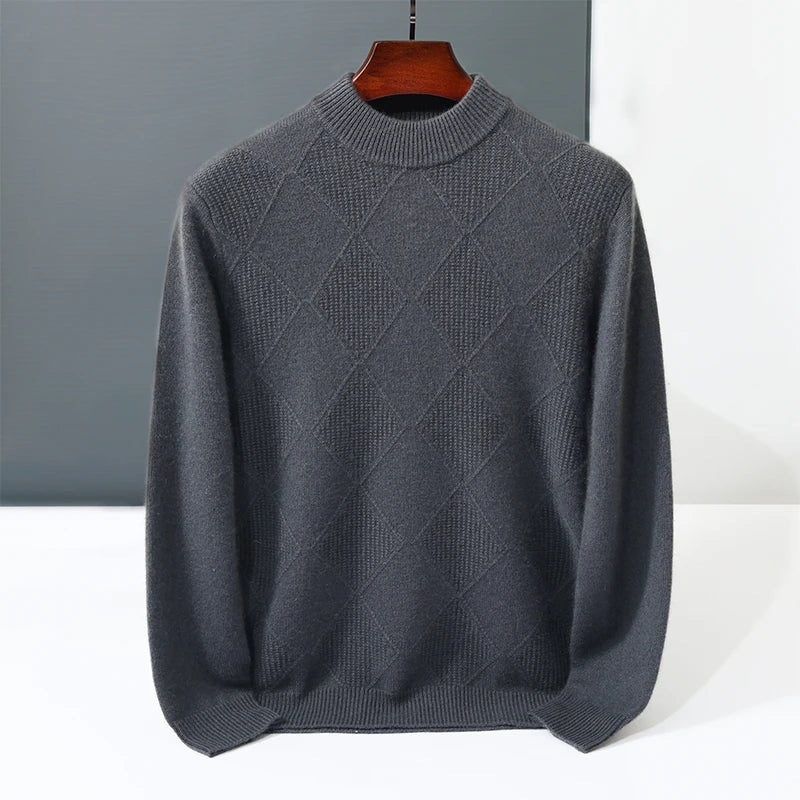 Autumn Winter New Style 100% Goat Cashmere Men's Mock Neck Diamond Knitted Base Shirt Casual Business Top Fashionable Knitwear