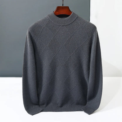 Autumn Winter New Style 100% Goat Cashmere Men's Mock Neck Diamond Knitted Base Shirt Casual Business Top Fashionable Knitwear