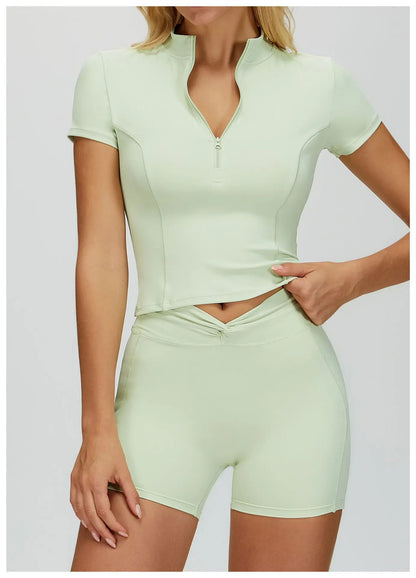 Zipper Short Sleeved Women's Tight Fitting Sports T-shirt Quick Drying Yoga T-shirt Running Exercise Fitness Short Sleeved