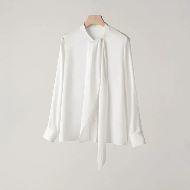 YOLANFAIRY 93% Real Mulberry Silk Shirts for Women Spring 2026 Elegant Solid Long Sleeve Shirt Woman Top Ribbon OL Blouses Trend