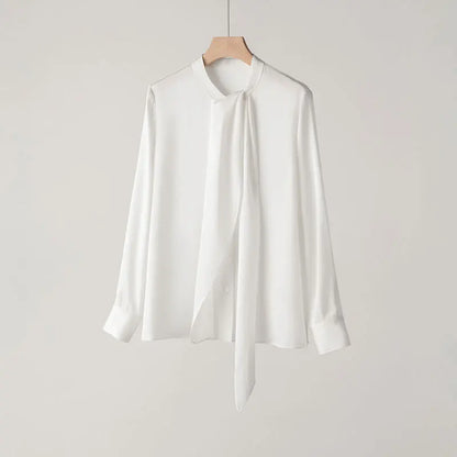 YOLANFAIRY 93% Real Mulberry Silk Shirts for Women Spring 2026 Elegant Solid Long Sleeve Shirt Woman Top Ribbon OL Blouses Trend