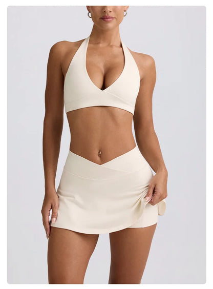 Summer Women Chest Padding And High Elasticity Bra Set 2Pcs Tennis Skirt Sportswear Female Golf Suits Sport Outfit For Woman