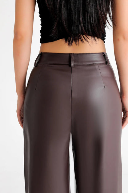 BIVIGAOS Fall Winter Fleece Loose Wide Leg Warm Leather Pants Women Button Pocket High Waist Thick PU Casual Straight Pants