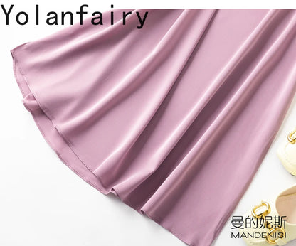 YOLANFAIRY 19momme 93% Mulberry Silk Spaghetti Strap Dress for Women Elegant Mid-length Sexy Real Silk Summer Dresses Woman 원피스