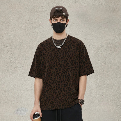 Custom LOGO men's new summer 240G cotton polyester American retro BOXY leopard print short-sleeved T-shirt casual loose top