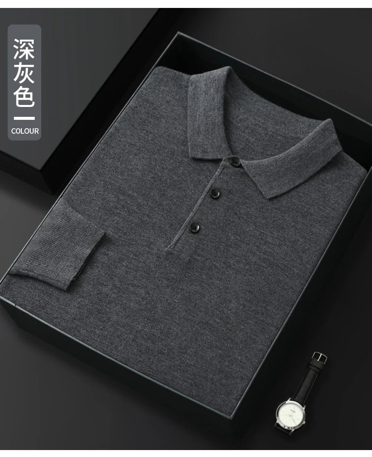 Men's Merino Wool Sweater Polo Collar Pullover Autumn Winter New Cashmere Knitwear Casual Loose Men's Shirts Tops Warm Soft
