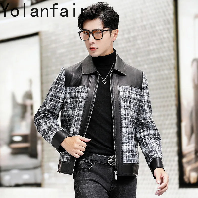 YOLANFAIRY Plaid Wool Spliced Genuine Sheepskin Jacket for Man Spring Autumn Short Woolen Coat Turn Down Collar abrigo hombre