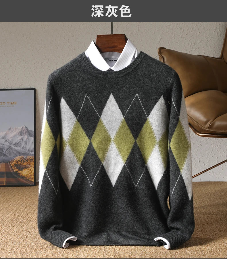 Autumn Winter New Men's Cashmere Sweater Thickened Round Neck Pullover With Contrast Color Loose Casual Knitted100% Wool Sweater