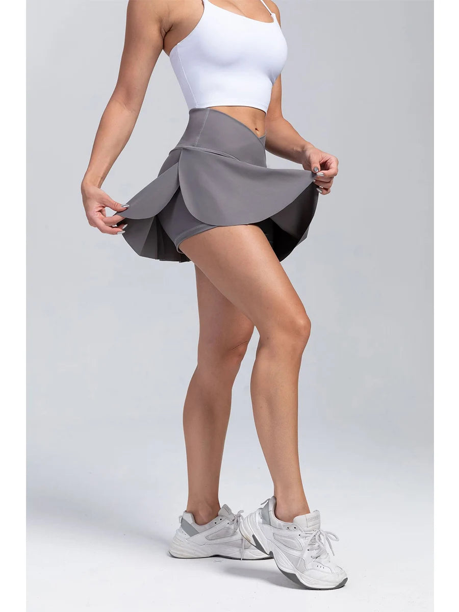 Women Pleated Tennis Skirt with Pockets Shorts Athletic Skirts Crossover High Waisted Athletic Golf Skorts Workout Sports Skirts