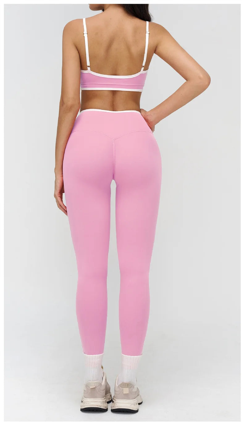TRY TO BN Gym Set Sport Bra Women's Tracksuit Fitness Contrasting Color High Waist Leggings Two Pieces Suit Running Yoga Clothes