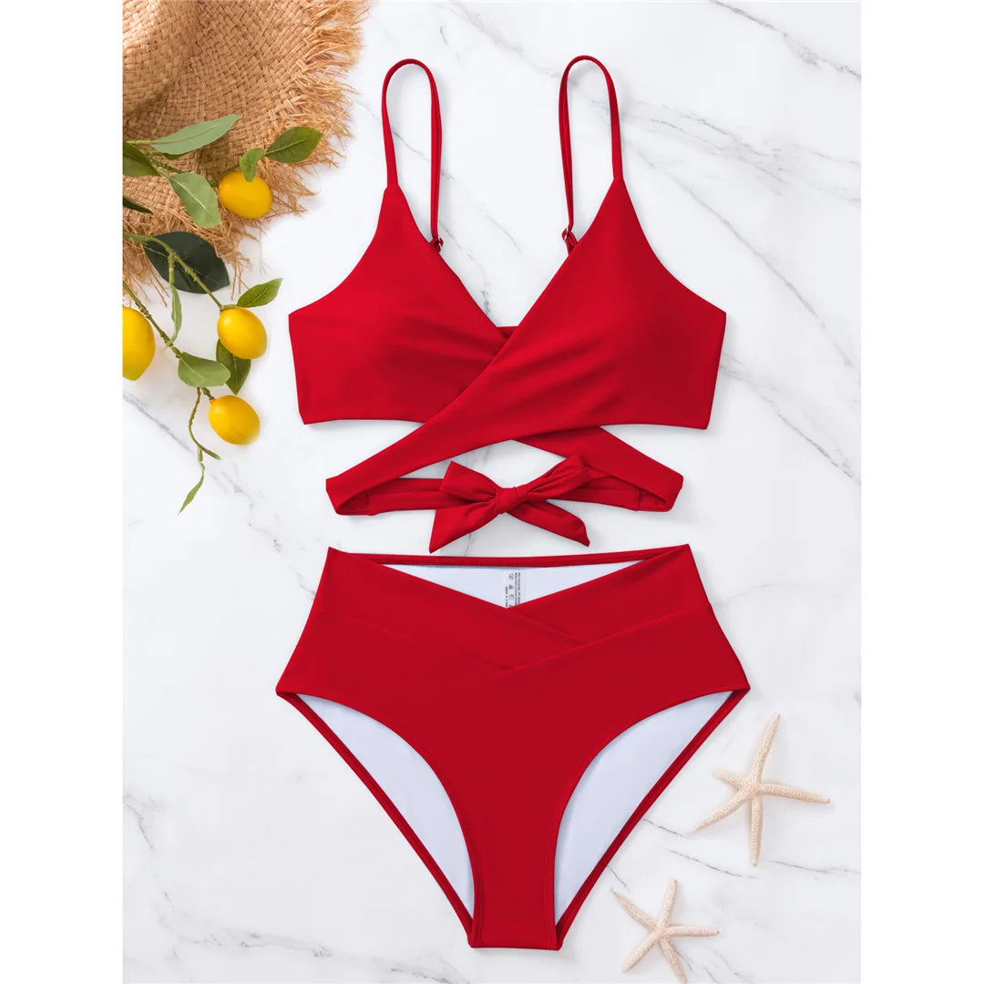 S - XL New 7 Colors V Neck High Waist Bikini Female Swimsuit Women Swimwear Two-pieces Bikini set Bather Bathing Suit Swim V5006