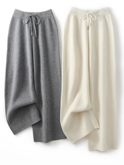 CHICUU Women Thick Wide Leg Pants 100% Merino Wool Knitted Trousers Autumn Winter Striped Jacquard Cashmere Pants Simple Style