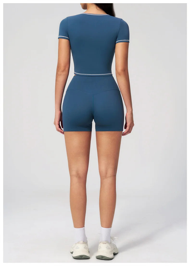 TRY TO BN 2 Pieces Women's Tracksuit Yoga Short Sleeves Top Sets High Waist Shorts Contrasting Color Running Fitness Gym Clothes