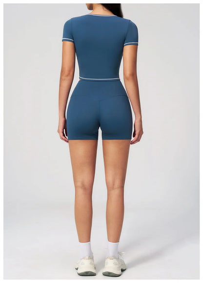 TRY TO BN 2 Pieces Women's Tracksuit Yoga Short Sleeves Top Sets High Waist Shorts Contrasting Color Running Fitness Gym Clothes