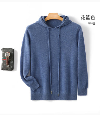 Men's 100% Merino Wool Sweater Hooded Collar Knitted Pullover Cashmere Sweatshirt Autumn Winter Casual Large Tops Long Sleeved