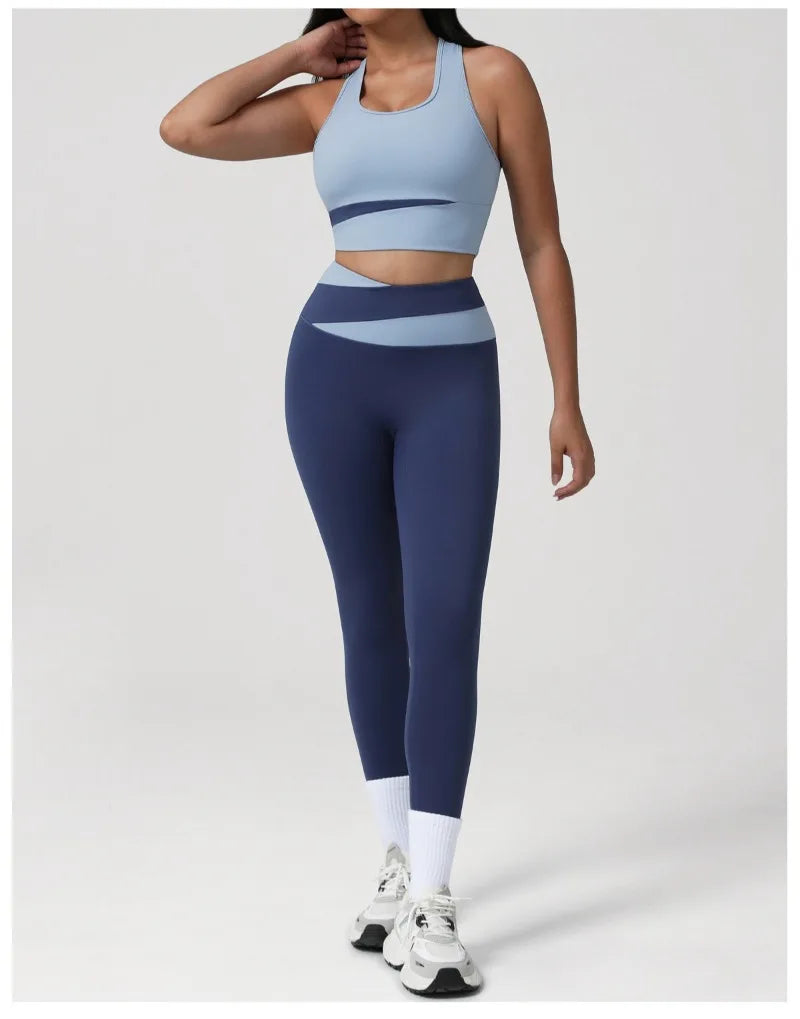 New Women's Color-Block Yoga Outfit Set Back Beauty Fitness Tank Top Long Sleeve Coat Hip-Lifting Leggings Running Fitness Set